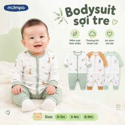 Bodysuit dài tay cho bé sơ sinh Mompa 0-9 tháng vải Sợi tre Bamboo mềm mại thoáng khí MP 0367