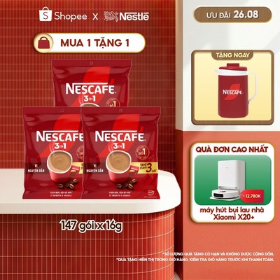 [Tặng Ca đá 900ml] Combo 3 Bịch Cà phê Hòa tan NESCAFÉ VỊ NGUYÊN BẢN 46 gói Đậm Thơm Hoàn Hảo (Bịch 46+3 gói x 16g)