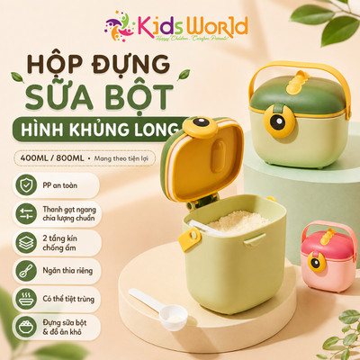 Hộp chia và đựng sữa bột, thức ăn khô, đồ ăn nhẹ cho bé KidsWorld chống ẩm tiện lợi hình khủng long