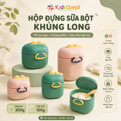 Hộp đựng sữa bột trữ sữa bột cho bé di động KidsWorld hình khủng long dễ thương kèm thìa tiện lợi