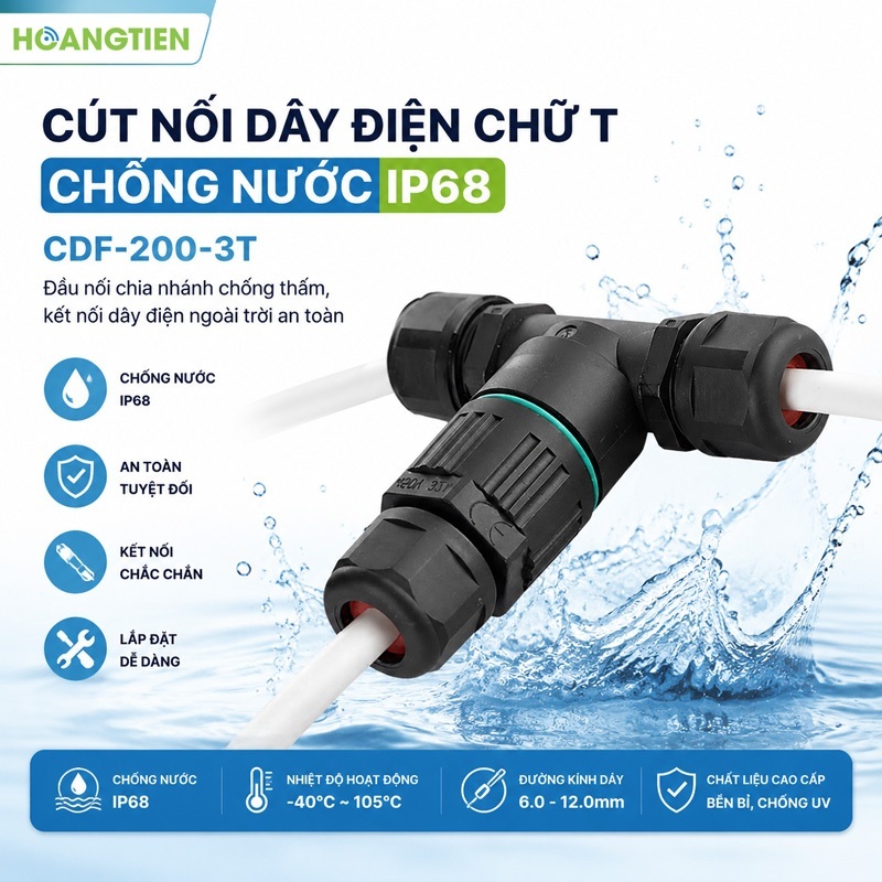 Đầu Nối Dây Điện Chữ T Chống Nước IP68 CDF-200-3T | Jack Nối Cáp 3 Lõi | 32A 450V