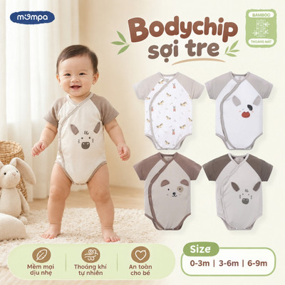 Bodychip cho bé sơ sinh Mompa cộc tay 0-9 tháng vải Sợi tre Bamboo mềm mại co giãn cúc chéo MP 0446