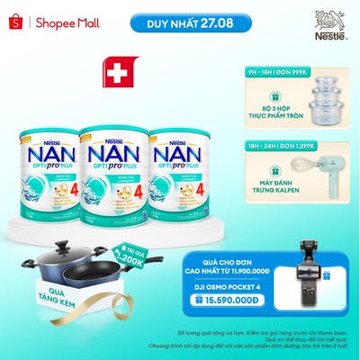 [Tặng Set nồi chảo Elmich] Bộ 3 lon Sữa Bột Nestlé NAN OPTIPRO PLUS 4 Cho Trẻ 2-6 Tuổi, 1,5KG, Với 5HMO Và Đạm OPTIPRO