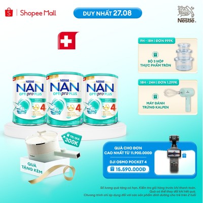 [Tặng Nồi lẩu điện] Bộ 3 Lon Sữa bột Nestlé NAN OPTIPRO PLUS 4 800g cho bé 2-6 tuổi