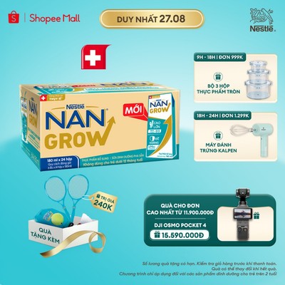 [Tặng Đồ chơi cầu lông] Thùng 24 hộp Sữa bột pha sẵn Nestlé NANGROW 180ml cho bé trên 1 tuổi - Sữa nước vị nhạt thanh
