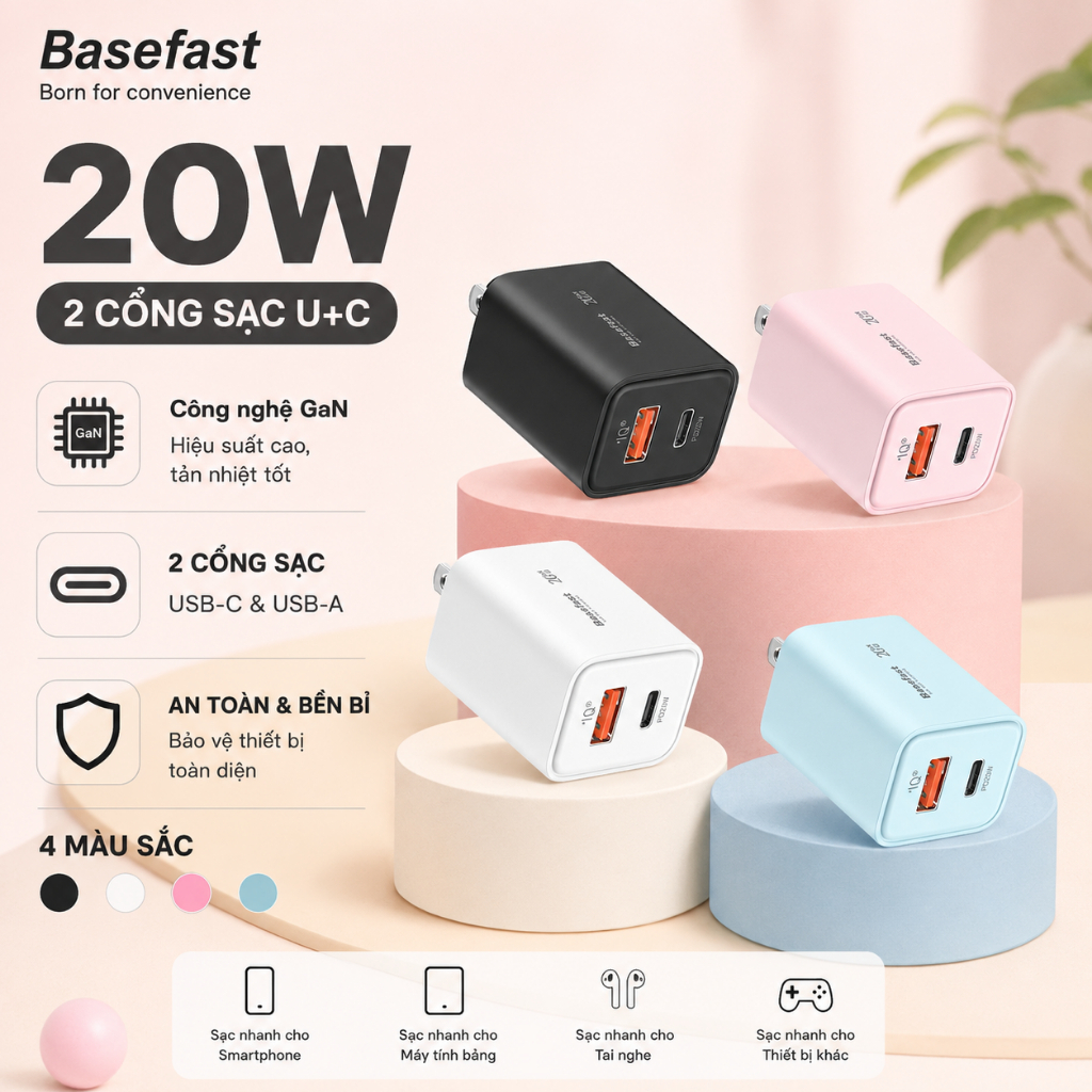 Củ sạc nhanh 20W 2 cổng Basefast cục sạc công nghệ GaN chống quá tải nhiệt cho ip samsung xiaomi