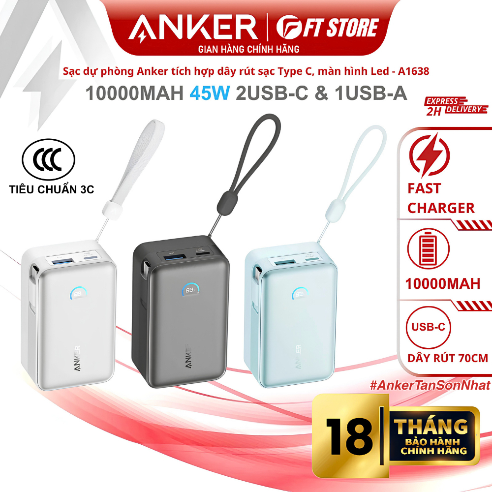 Sạc dự phòng Anker Power Bank A1638 45W 10000mAh, tích hợp cáp Type C rút gọn, màn hình thông minh