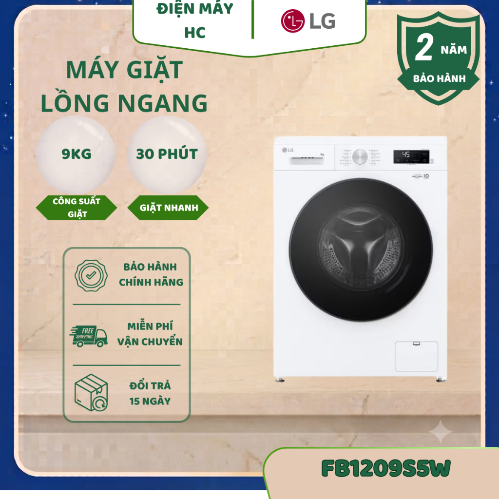 MÁY GIẶT LG INVERTER 9KG FB1209S5W – 6 MOTION DD™, STEAM™, INVERTER DIRECT DRIVE