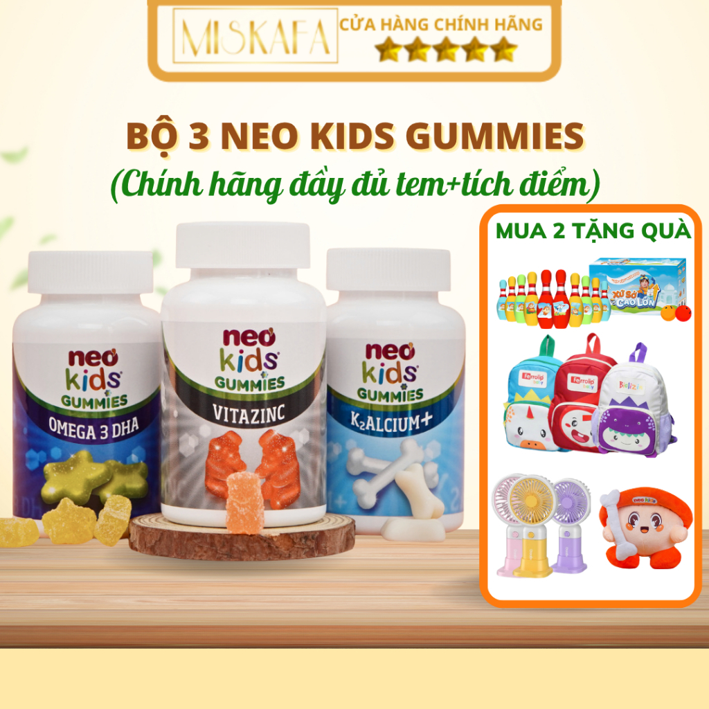 BỘ 3 NEO KIDS GUMMIES, Neo kids Canxi, Neo Kids ZinC bổ sung kẽm cho bé, Neo Kids Omega 3 DHA