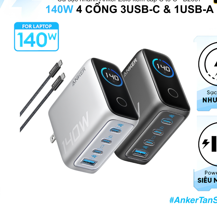 Củ sạc Anker Zolo 140W GaN B2697 kèm cáp, màn hình LED, 3 cổng Type C, sạc nhanh PD, PPS 2.0