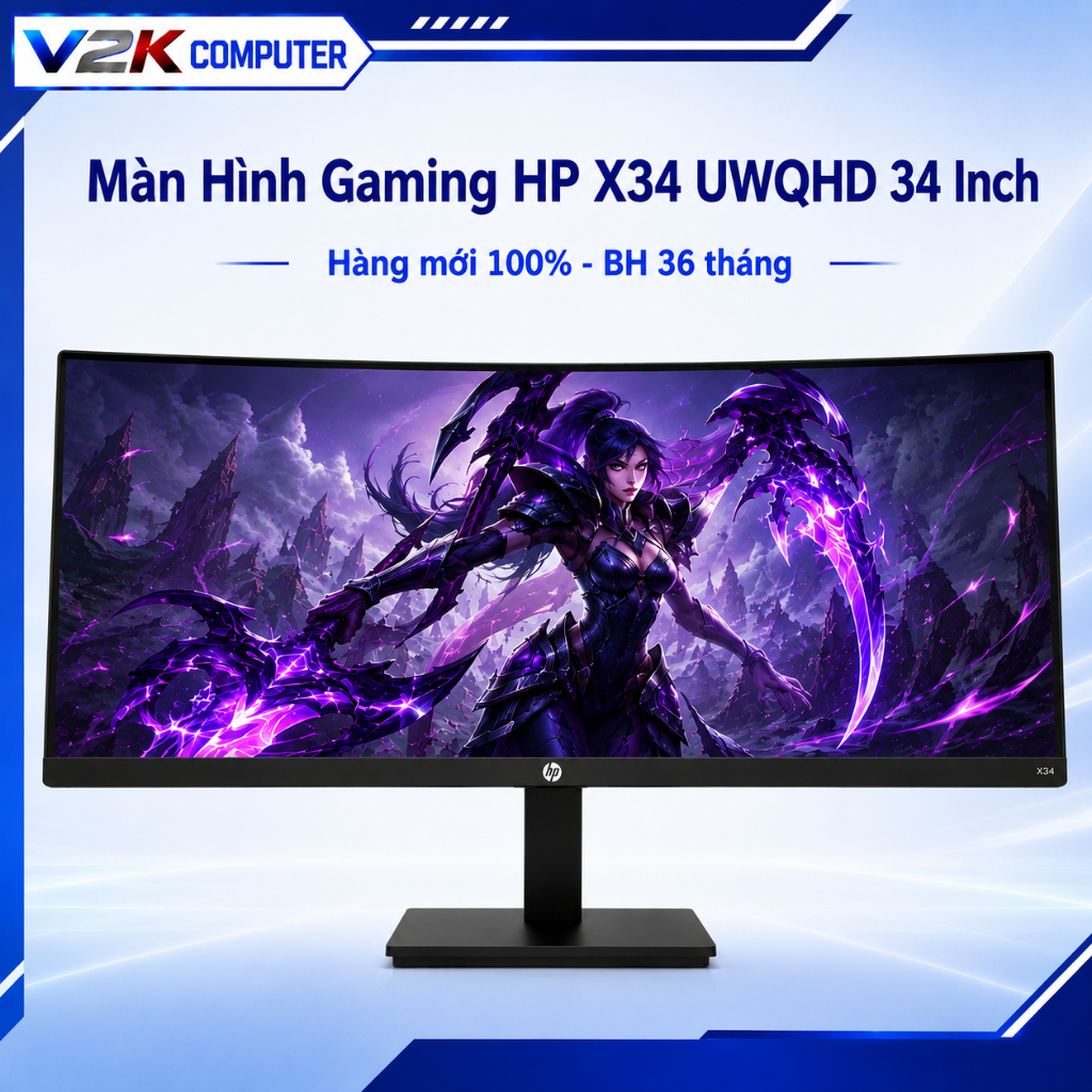 Màn Hình Gaming HP X34 UWQHD 34 Inch, Màn Hình Máy Tính Ultrawide Chơi Game Hiển Thị Sắc Nét | V2K