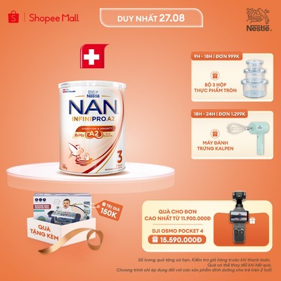 [Tặng Đồ Chơi Bàn Kèm Chữ Cái] Sữa bột Nestle NAN INFINIPRO A2 3 800g Cho Bé 2 - 6 Tuổi Có Đạm A2, 6HMO & Lợi Khuẩn Kép 