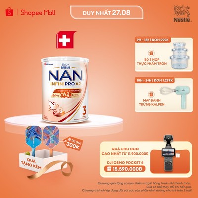 [Tặng Bộ vợt pickleball] Sữa bột Nestle NAN INFINIPRO A2 3 800g Cho Bé 2 - 6 Tuổi Có Đạm A2, 6HMO & Lợi Khuẩn Kép 
