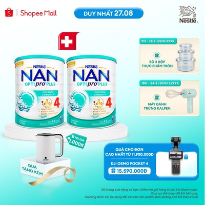 [Tặng Ấm đun siêu tốc Elmich] Bộ 2 Lon Sữa bột Nestlé NAN OPTIPRO PLUS 4 xuất xứ Thụy Sĩ 1500g cho bé 2 - 6 tuổi