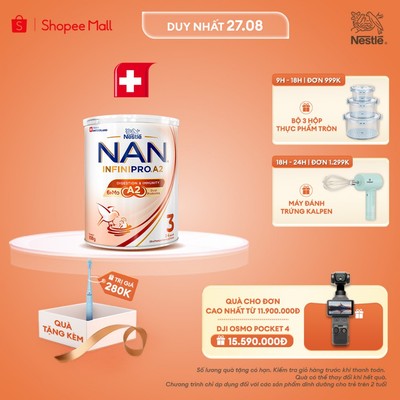 [Tặng Bàn chải điện Kalpen] Sữa bột Nestle NAN INFINIPRO A2 3 800g Cho Bé 2 - 6 Tuổi Có Đạm A2, 6HMO & Lợi Khuẩn Kép 