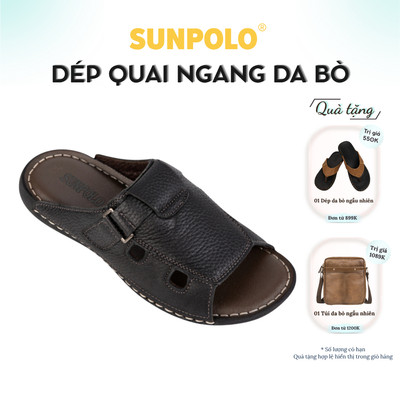Dép Quai Ngang Nam Da Bò SUNPOLO Đen DQN003