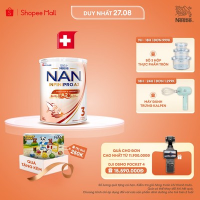 [Tặng Đồ chơi xếp khối] Sữa bột Nestle NAN INFINIPRO A2 3 800g Cho Bé 2 - 6 Tuổi Có Đạm A2, 6HMO, Lợi Khuẩn Kép
