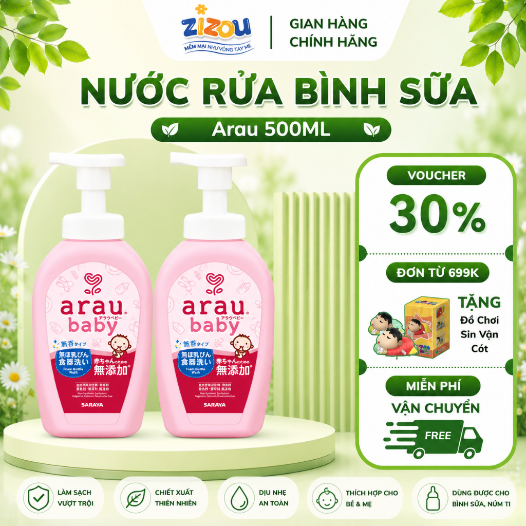 Nước Rửa Bình Sữa & Đồ Chơi Cho Bé Arau Baby Tạo Bọt Sẵn Nhật Bản 500ml CHÍNH HÃNG – Chiết Xuất Tự N