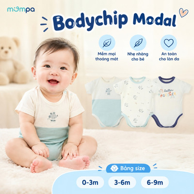 Bodychip cho bé sơ sinh Mompa cộc tay 0-9 tháng cúc bấm vải Modal lỗ thông hơi thoáng khí 886