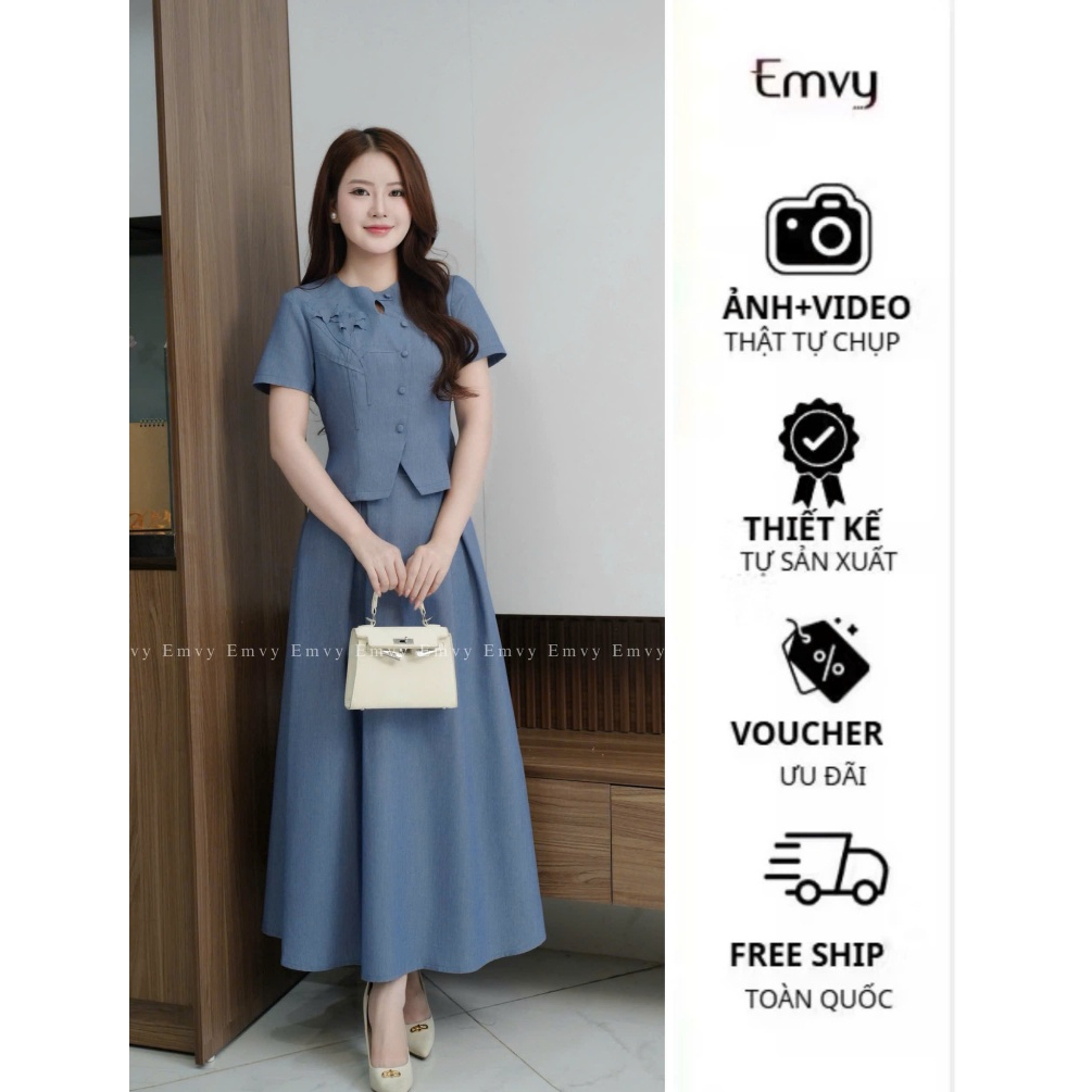Set Áo Cổ Tròn Cúc Ngực Kèm Chân Váy Xòe Dài Dáng Dài Sang Trọng Thanh Lịch Emvy Fashion S234