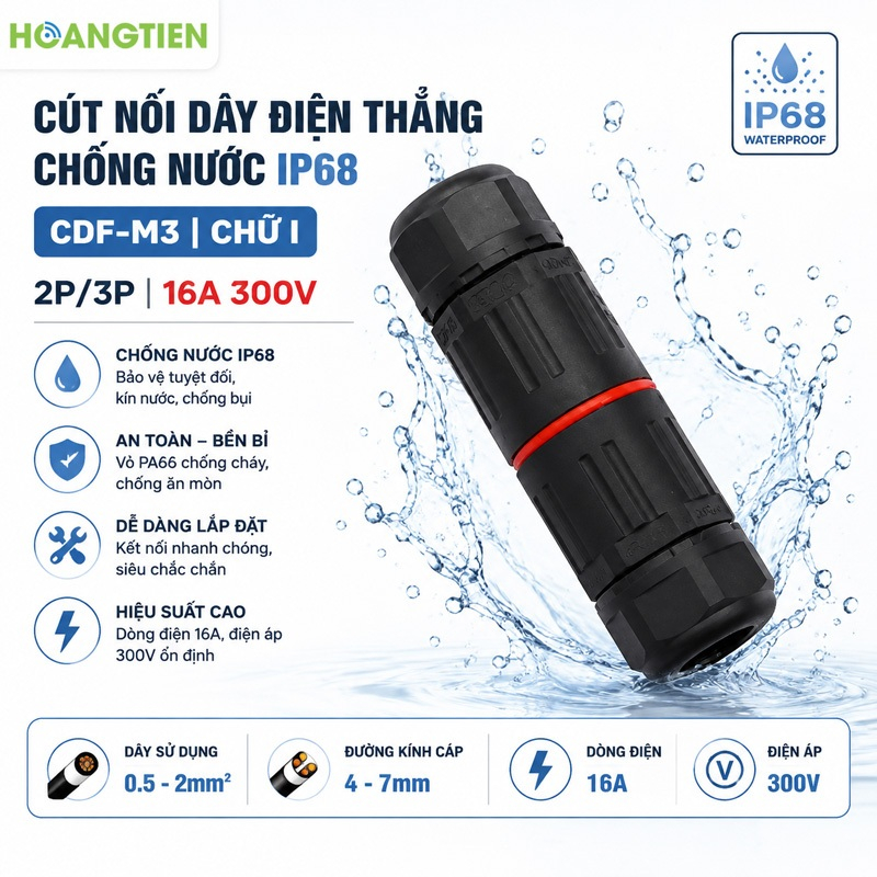 Jack Nối Dây Điện Chống Nước IP68 CDF-M3 | Connector 2 Lõi 16A | Chống Thấm Ngoài Trời | Dễ Lắp Đặt
