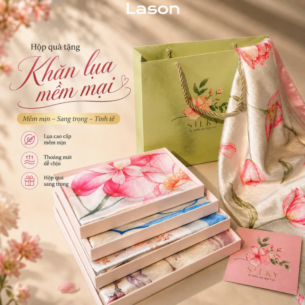 Hộp quà tặng 20/10 khăn Lụa Silky(kèm túi,thiệp)quà tặng Cô giáo, món quà tặng…