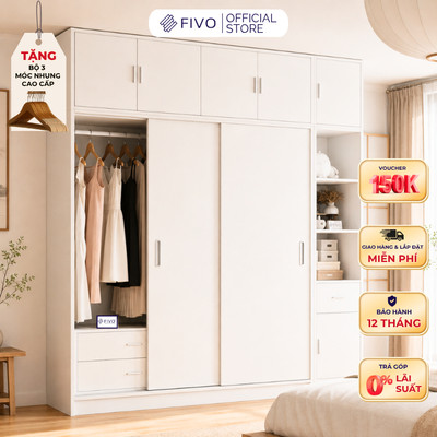 Tủ Quần Áo Gỗ Cửa Lùa Cao Cấp FC34 FIVO, Gỗ Dày 17mm Độ Sâu 60cm, Kèm Hệ Kệ Trang Trí, Freeship+Free lắp đặt, Trả Góp 0%