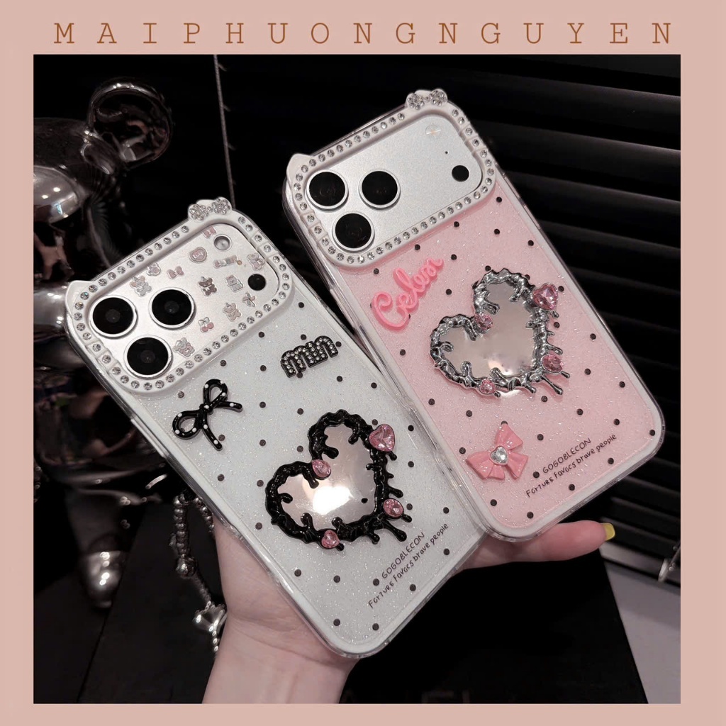 ( HỎA TỐC HÀ NỘI) ốp lưng iphone camera đá tai mèo chấm bi GƯƠNG TIM NƠ  11prm/12prm/13prm/14prm/15p