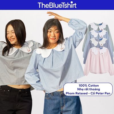 TheBlueTshirt - Áo sơ mi kẻ sọc cổ peter pan cách điệu búp bê tay dài - Swan Blouse
