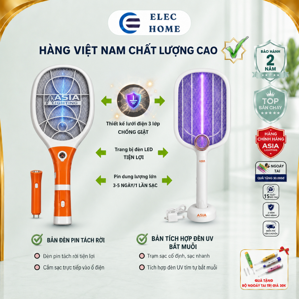 VỢT MUỖI CAO CẤP CHÍNH HÃNG ASIA LIGHTING 3 LỚP LƯỚI AN TOÀN, DUNG LƯỢNG PIN LỚN, BẢO HÀNH 2 NĂM LỖI