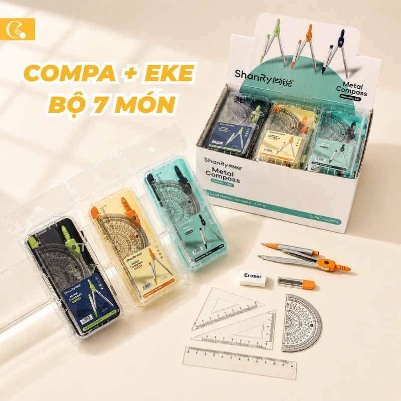 Bộ Thước Kẻ Compa Eke 7 Món SR-2089 Chuyên Dụng Cụ Học Tập Cho Học Sinh Eke Thước Kẻ Tẩy Chì