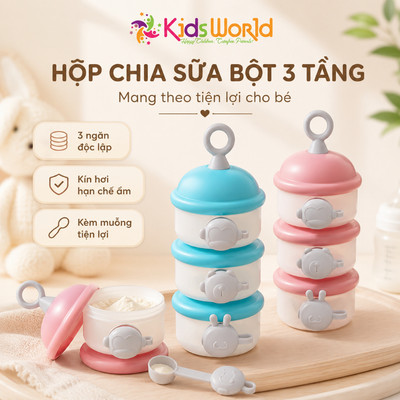 Hộp chia sữa bột cho bé, Hộp đựng sữa bột KidsWorld chia sữa, chia thức ăn 3 tầng tiện lợi cho bé