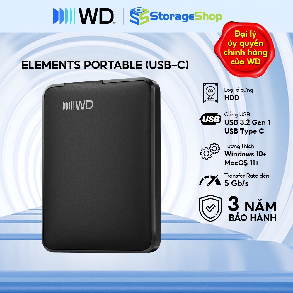 [Vừa ra mắt] Ổ cứng di động HDD Western Digital WD Elements Portable (USB-C) Bảo hành chính hãng 3 n