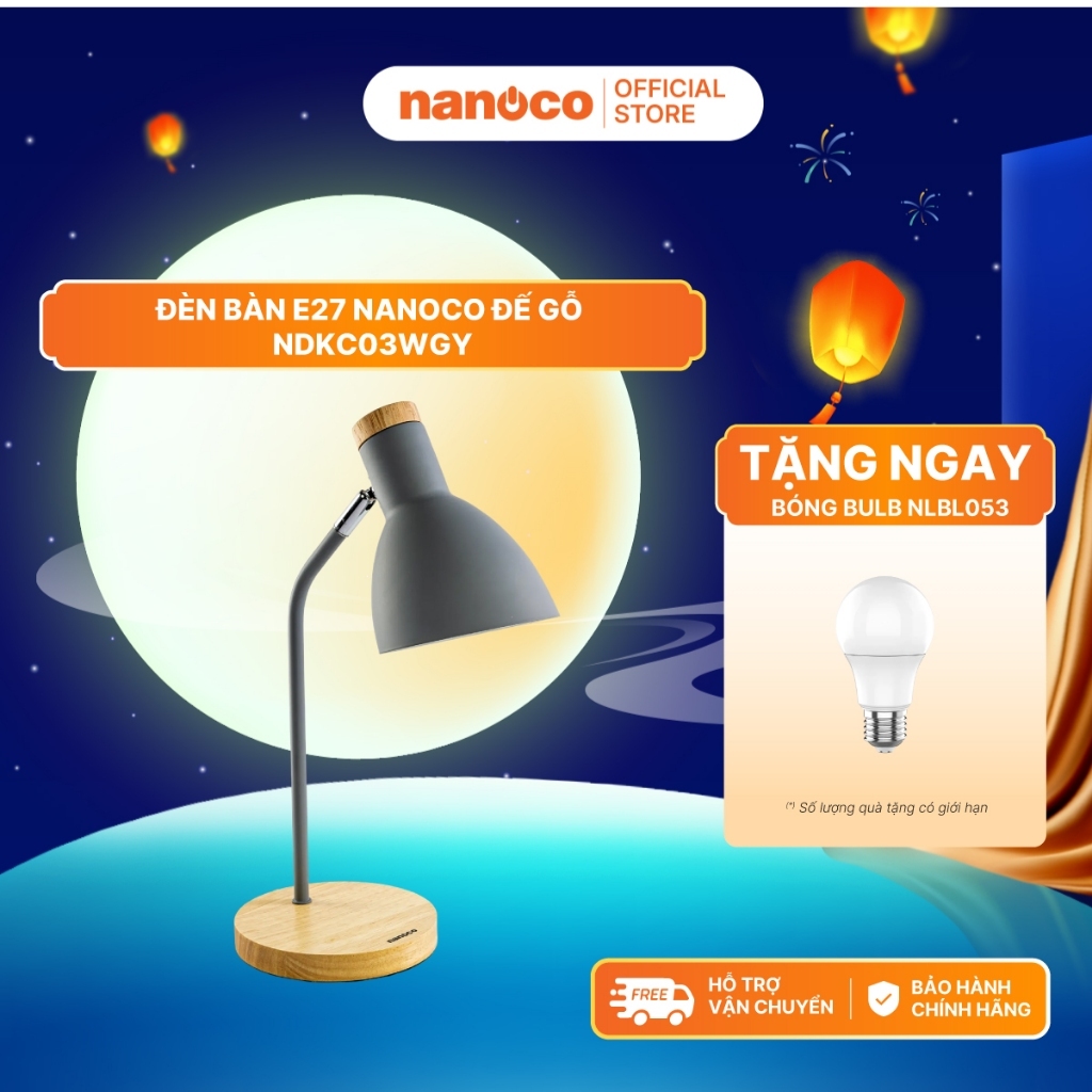 Đèn bàn E27 Nanoco đế gỗ model NDKC03 (không bóng) + tặng kèm 1 bóng Led bulb đui E27- 5W