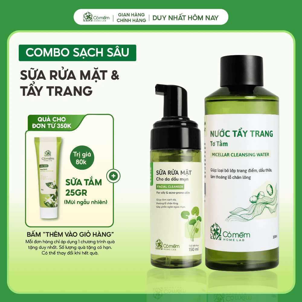 Bộ Chăm Sóc Da 2 Bước Nước Tẩy Trang Và Bọt Rửa Mặt Mọi Loại Da Cỏ Mềm