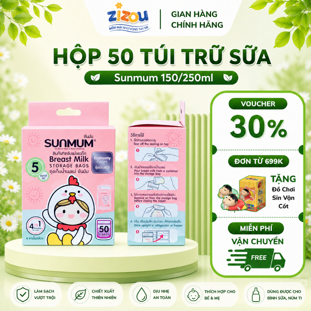 Hộp 50 Túi Trữ Sữa Sunmum Z06/07  Thái Lan 150ml 250ml 3 Lớp Khóa Tiện Lợi Cho Mẹ Bỉm