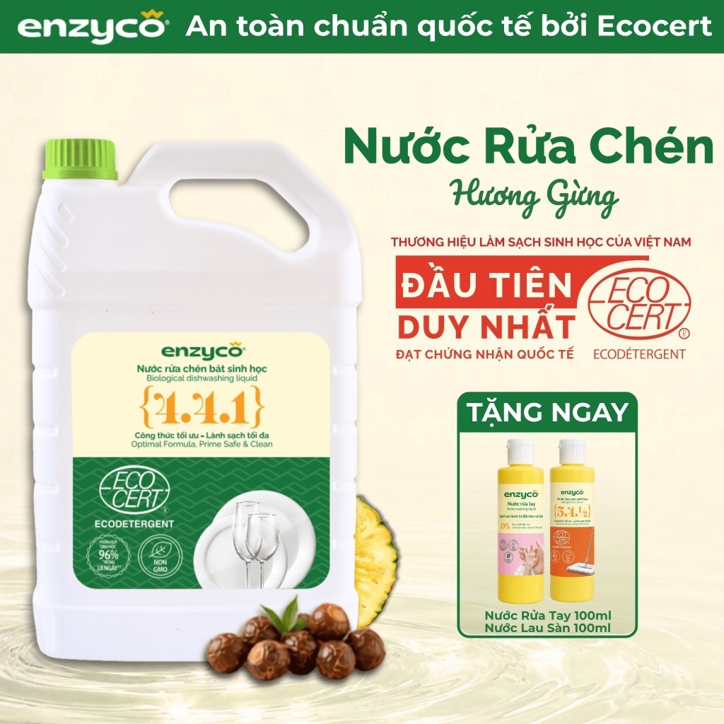 Nước Rửa Chén Bát Sinh Học Enzyco 4L - Từ Bồ Hòn Và Dứa, Sạch Dầu Mỡ, Dịu Da Tay, An Toàn Chuẩn Quốc