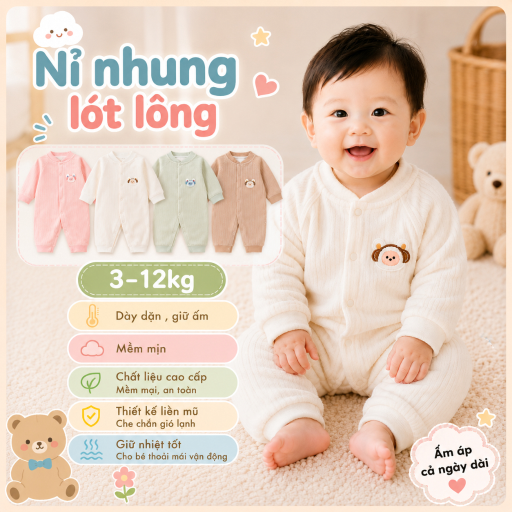 Bộ áo liền quần dài tay dành cho trẻ em 0-2 tuổi ( Chiều cao dưới 86 cm), chất liệu vải trần bông BD