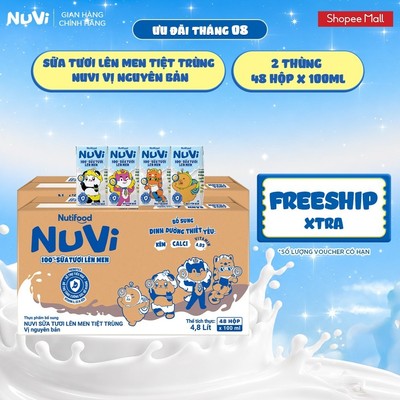 Combo 2 Thùng 48 Hộp Sữa Tươi Lên Men Tiệt Trùng Nuvi vị Nguyên Bản 100ml