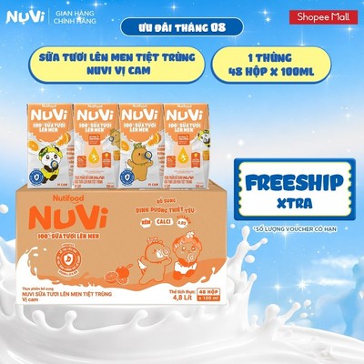 Thùng 48 Hộp Sữa Tươi Lên Men Tiệt Trùng Nuvi vị Cam 100ml