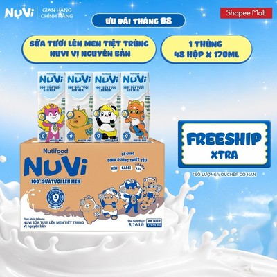 Thùng 48 Hộp Sữa Tươi Lên Men Tiệt Trùng Nuvi vị Nguyên Bản 170ml