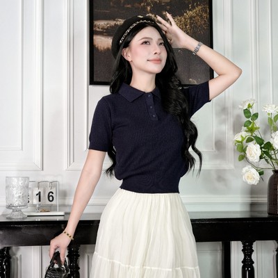 Áo dệt kim cổ bẻ tay ngắn cao cấp lai bo thời trang sang trọng Callene (L3062)