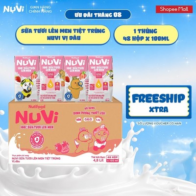 Thùng 48 Hộp Sữa Tươi Lên Men Tiệt Trùng Nuvi vị Dâu 100ml