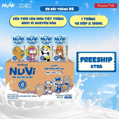 Thùng 48 Hộp Sữa Tươi Lên Men Tiệt Trùng Nuvi vị Nguyên Bản 100ml