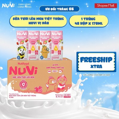 Thùng 48 Hộp Sữa Tươi Lên Men Tiệt Trùng Nuvi vị Dâu 170ml