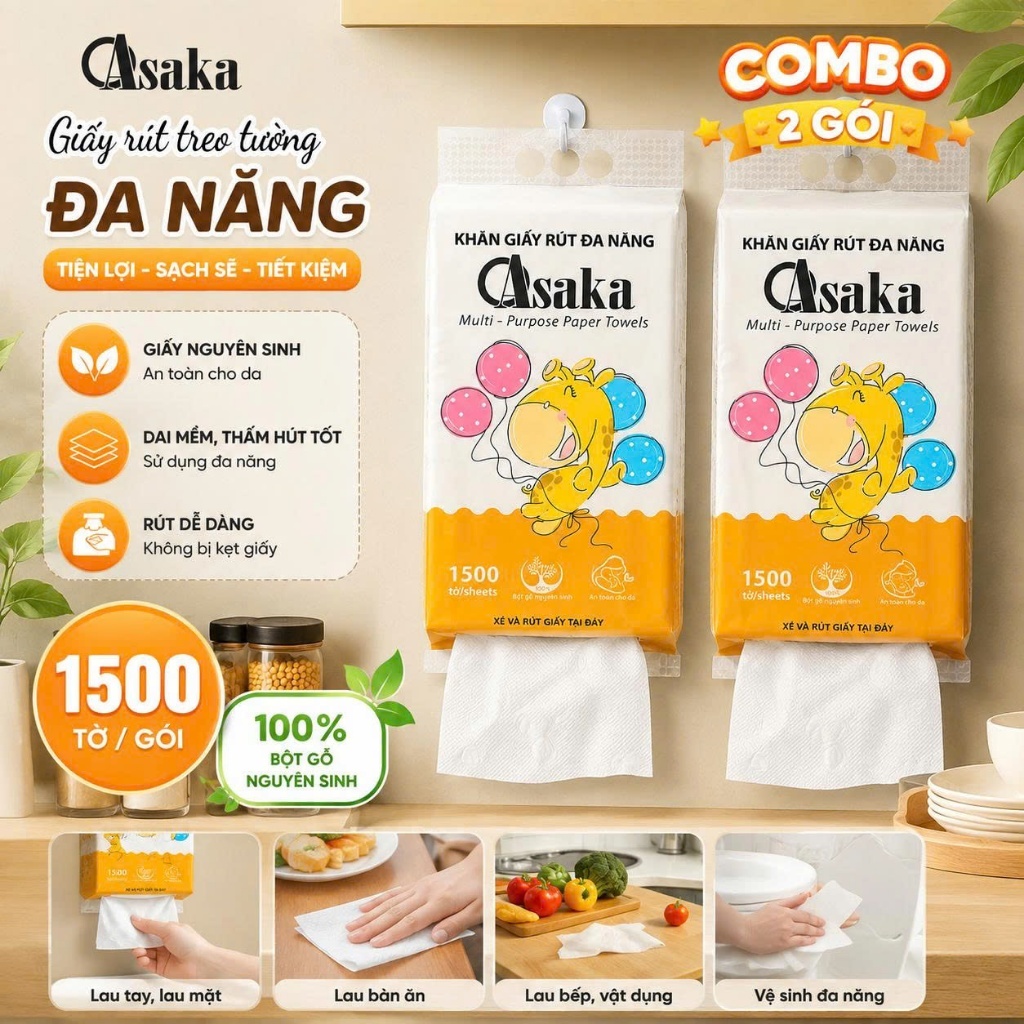 Combo 2 Gói Giấy Rút Treo Tường Đa Năng Osaka 1500 Tờ, Giấy Khăn Lau Đa Dụng, Tiện Lợi Cho Gia Đình