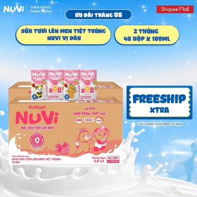 Combo 2 Thùng 48 Hộp Sữa Tươi Lên Men Tiệt Trùng Nuvi vị Dâu 100ml