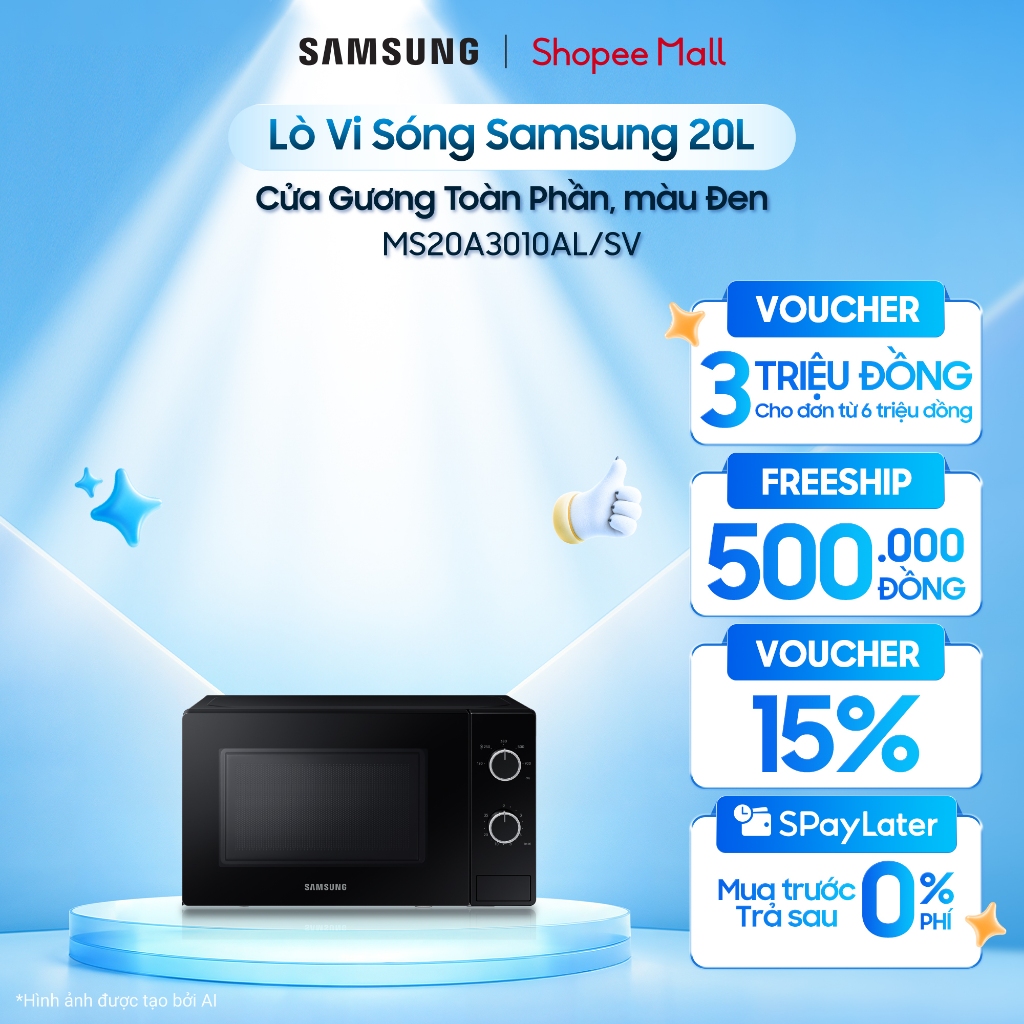 Lò Vi Sóng Samsung 20L MS20A3010AL/SV - Cửa Gương Toàn Phần, màu Đen