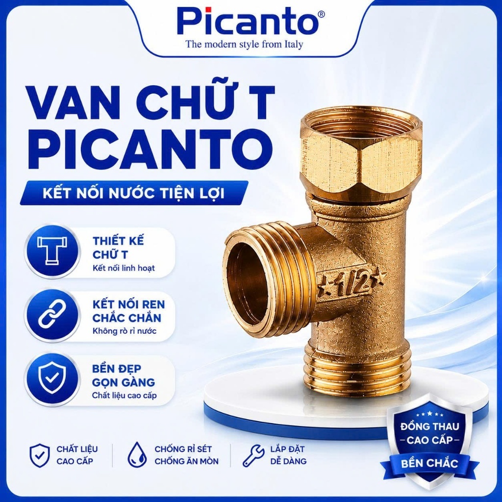 Picanto Van T-09 – Van Chữ T Chia Nước 3 Đầu Ren, Van Chia Đường Nước