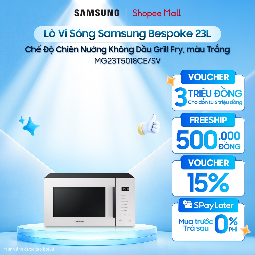 Lò Vi Sóng Samsung Bespoke 23L MG23T5018CE/SV - Chế Độ Chiên Nướng Không Dầu Grill Fry, màu Trắng